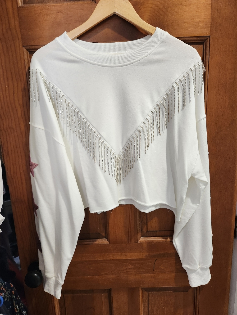 White Rhinestone Fringe Cropped Sweatshirt